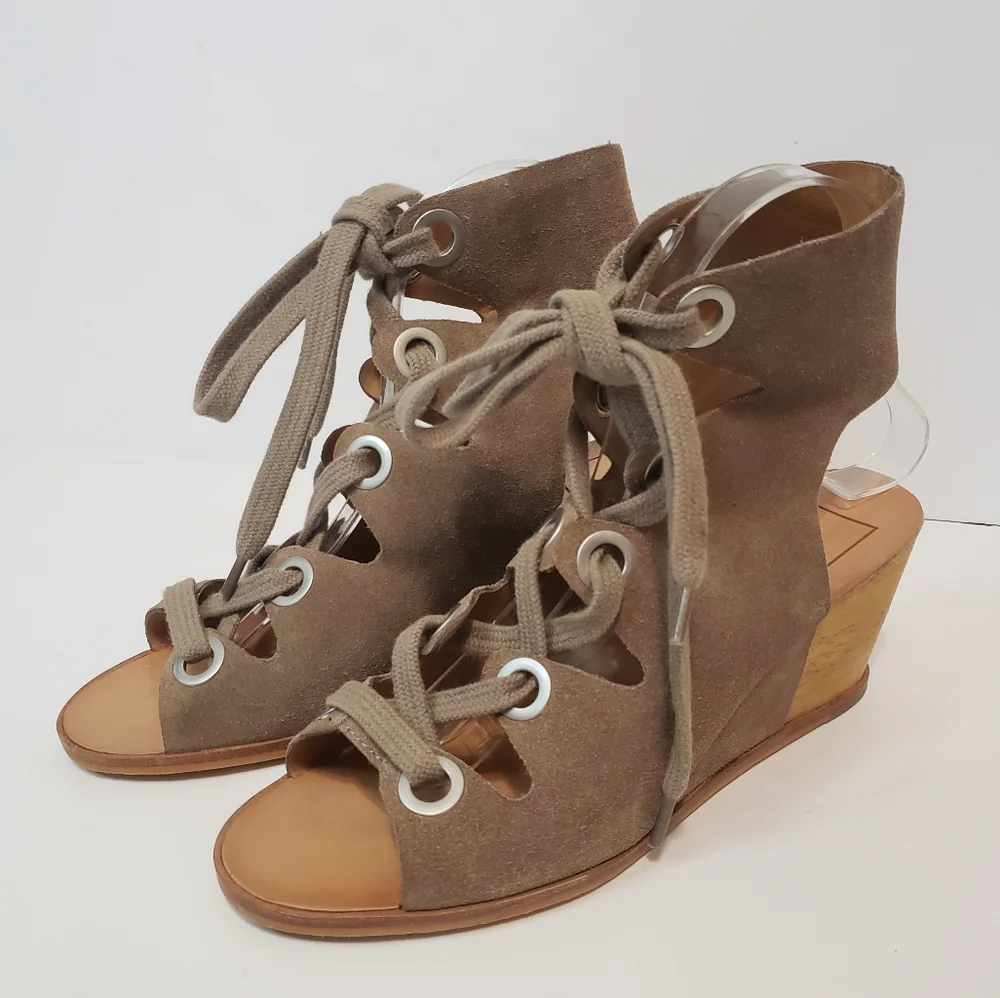 Dolce Vita Lei leather suede Boho Ghillie lace up wooden wedge heel open shoe